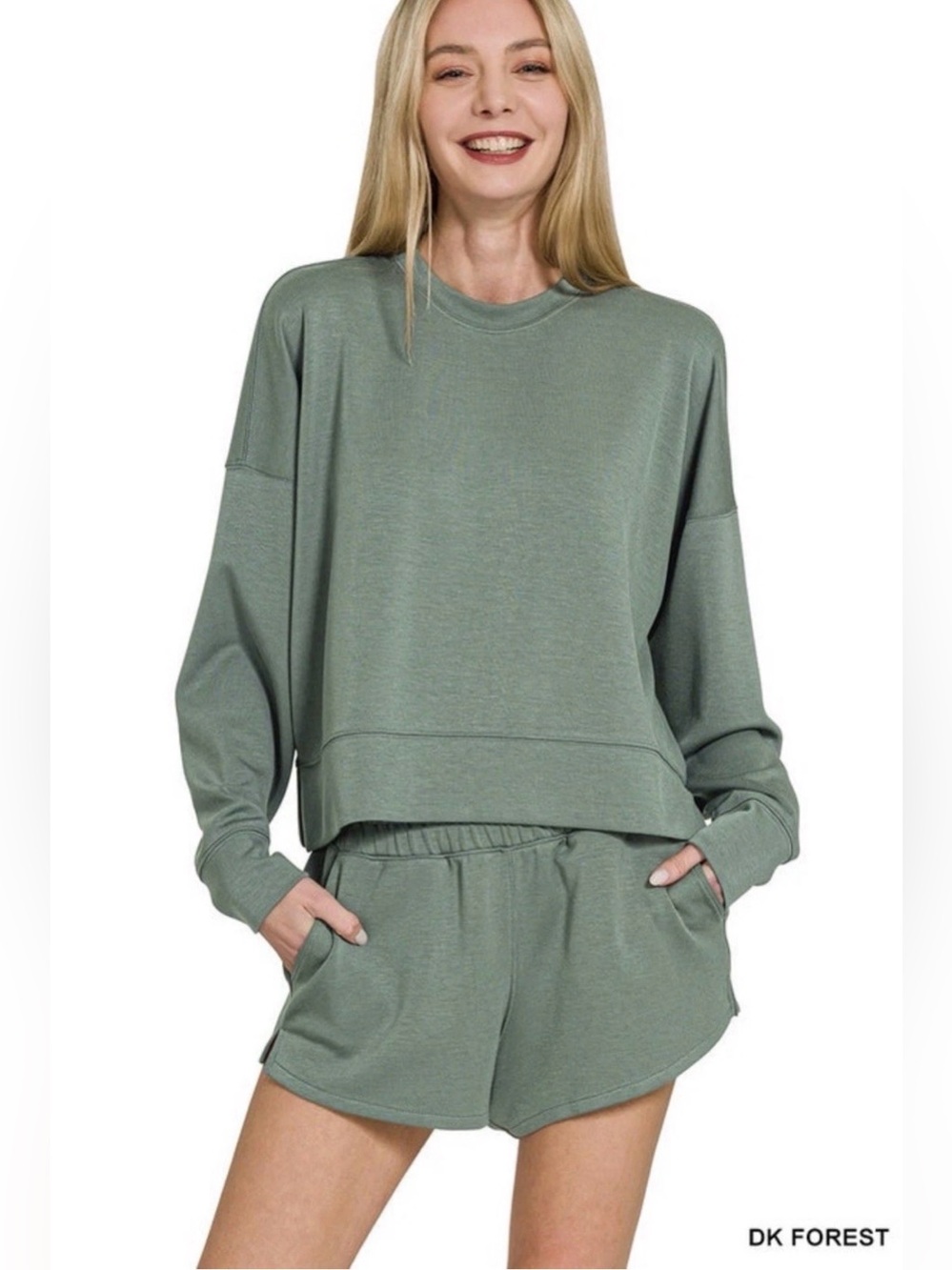 Zenana 2pcs Forest Relaxed Crewneck Sweatshirt and shorts- Forest Green size L